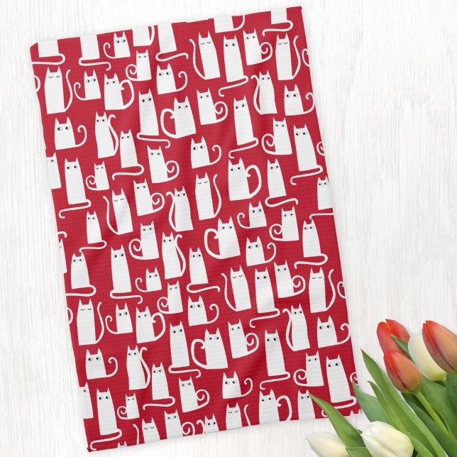 Cute Cat Red and White Kitchen Towel (Red and white cat pattern kitchen towel)