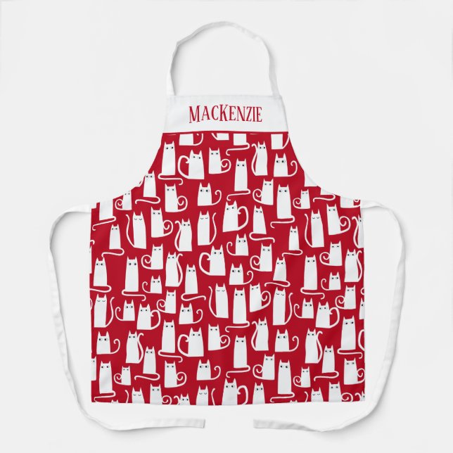 Cute Cat Red and White Personalized Apron (Front)
