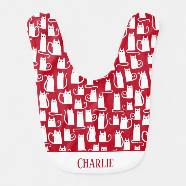 Cute Cat Red and White Personalized Baby Bib (Front)