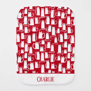 Cute Cat Red and White Personalized Baby Burp Cloth