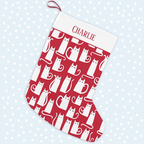 Cute Cat Red and White Personalized Large Christmas Stocking