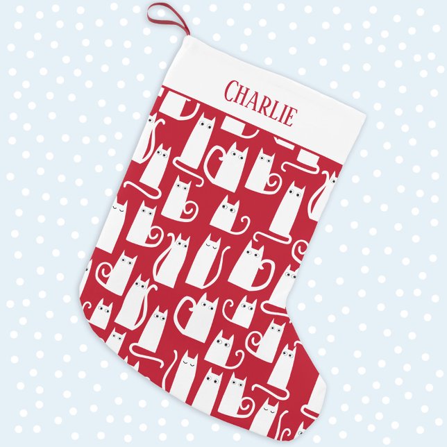 Cute Cat Red and White Personalized Large Christmas Stocking (Creator Uploaded)