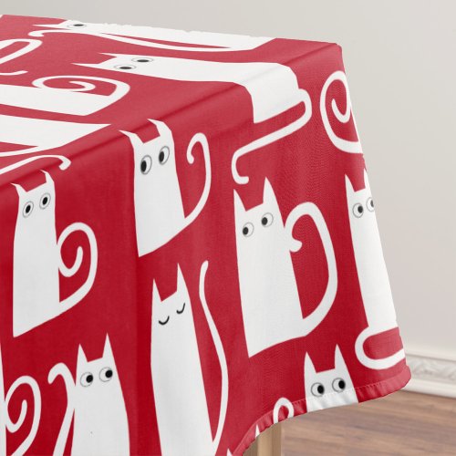 Cute Cat Red and White Tablecloth