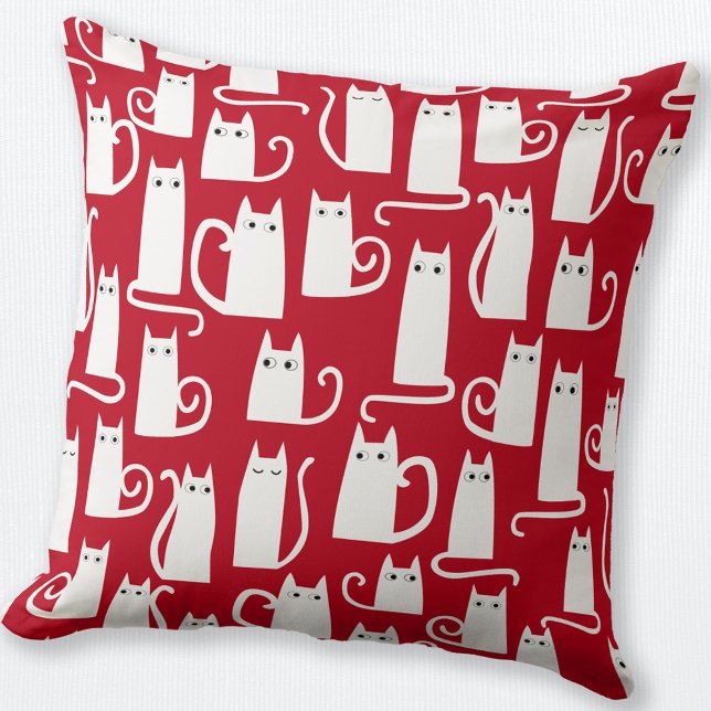 Cute Cat Red and White Throw Pillow (Fun festive red and white cat throw pillow)