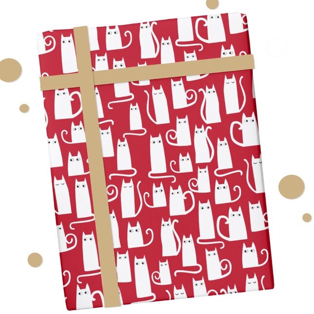 Cute Cat Red and White Wrapping Paper (Red and white festive cat gift wrap)