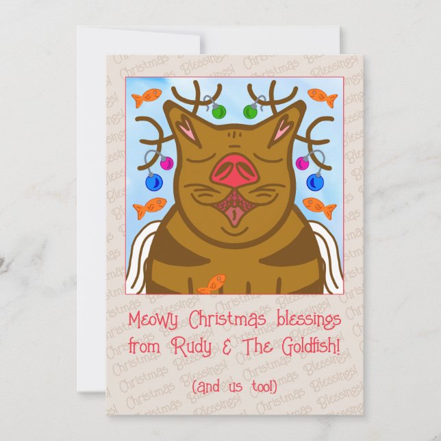 Cute Cat Reindeer Meowy Christmas Blessings Holiday Card (Front)