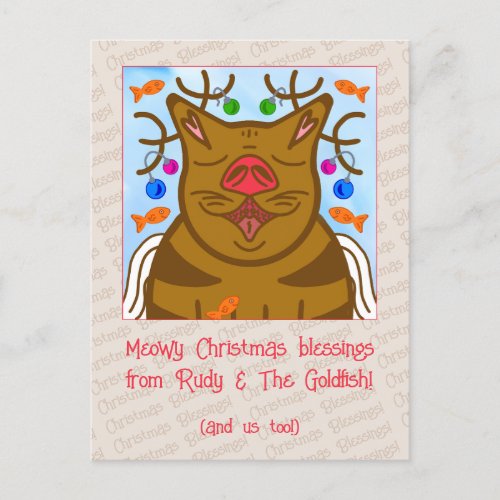 Cute Cat Reindeer Meowy Christmas Blessings Holiday Postcard