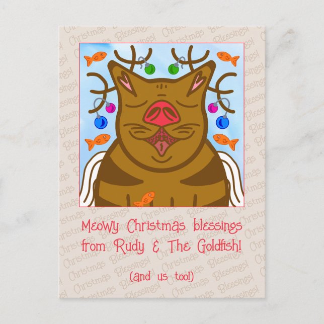 Cute Cat Reindeer Meowy Christmas Blessings Holiday Postcard (Front)