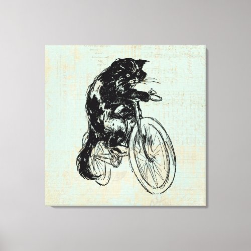 Cute Cat Riding Bicycle Vintage Mint Green Art Canvas Print