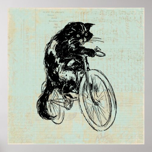 Cute Cat Riding Bicycle Vintage Mint Green Art Poster