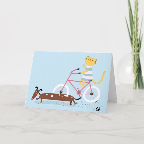 Cute Cat Riding Bicycle with Dog Friend  Card