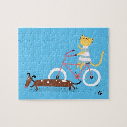 Cute Cat Riding Bicycle with Dog Friend  Jigsaw Puzzle