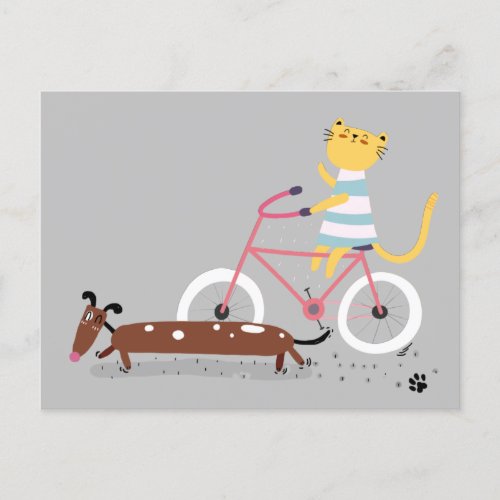 Cute Cat Riding Bicycle with Dog Friend  Postcard