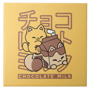 Cute Cat Riding Chocolate Milk Carton Kawaii Art Ceramic Tile