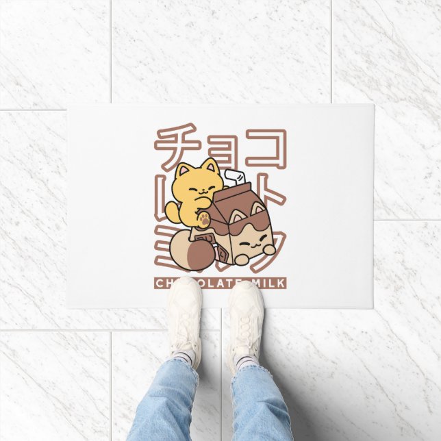 Cute Cat Riding Chocolate Milk Carton Kawaii Art Doormat (Indoor)