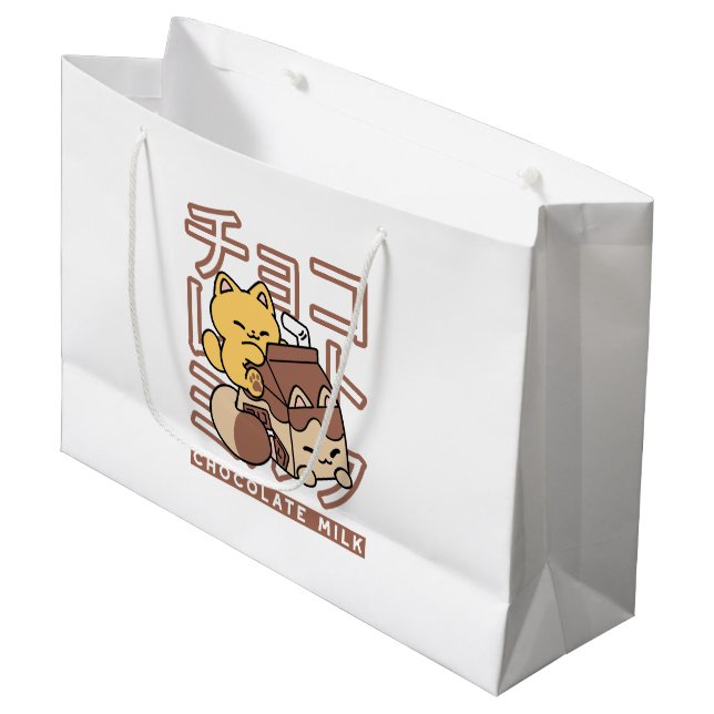 Cute Cat Riding Chocolate Milk Carton Kawaii Art Large Gift Bag (Front Angled)