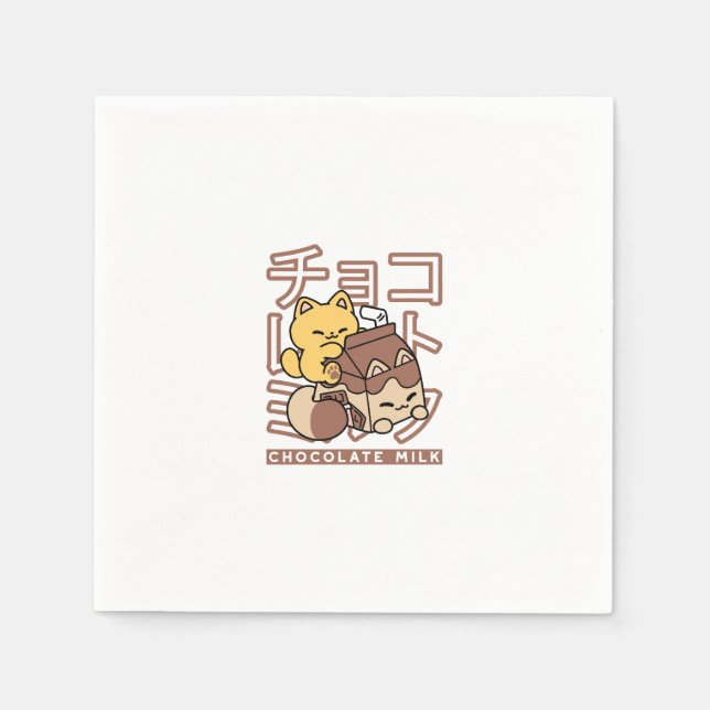 Cute Cat Riding Chocolate Milk Carton Kawaii Art Napkins (Front)