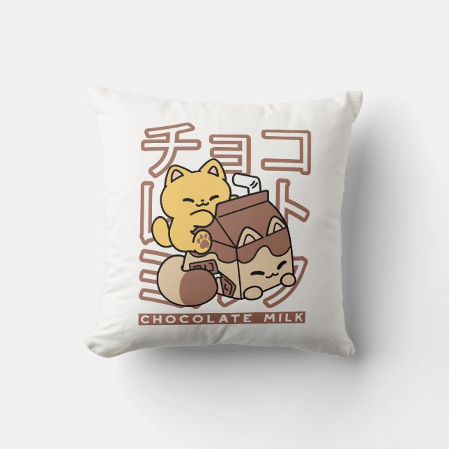Cute Cat Riding Chocolate Milk Carton Kawaii Art Throw Pillow (Front)