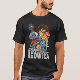 Cute Cat Riding Rex Dinosaur Meowica Merica Americ T-Shirt