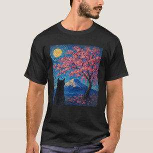 Cute Cat Sakura Cherry Blossom Tree Mount Fuji Sta T-Shirt