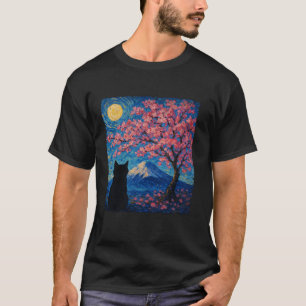Cute Cat Sakura Cherry Blossom Tree Mount Fuji Sta T-Shirt