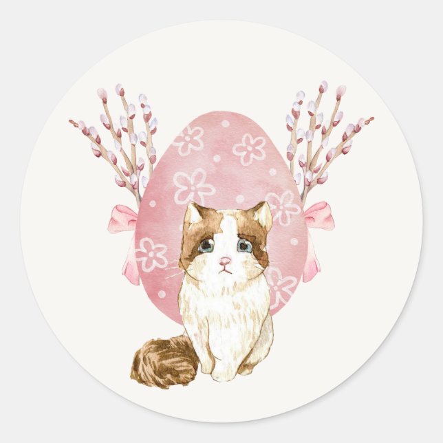 Cute Cat Sakura Classic Round Sticker (Front)
