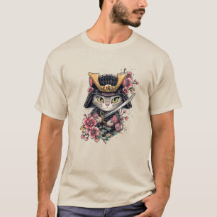 Cute Cat Samurai Cherry Blossom Art T-Shirt