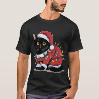 Cute Cat Santa Hat Costume Christmas Lights T-Shirt
