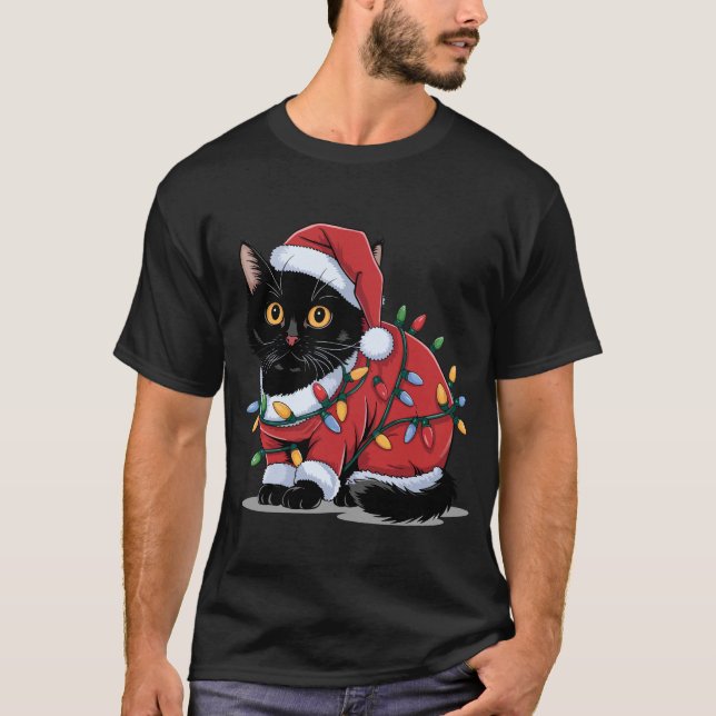 Cute Cat Santa Hat Costume Christmas Lights  T-Shirt (Front)