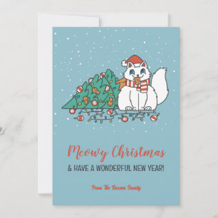Cute Cat Santa Hat Snowy Winter Meowy Christmas Holiday Card