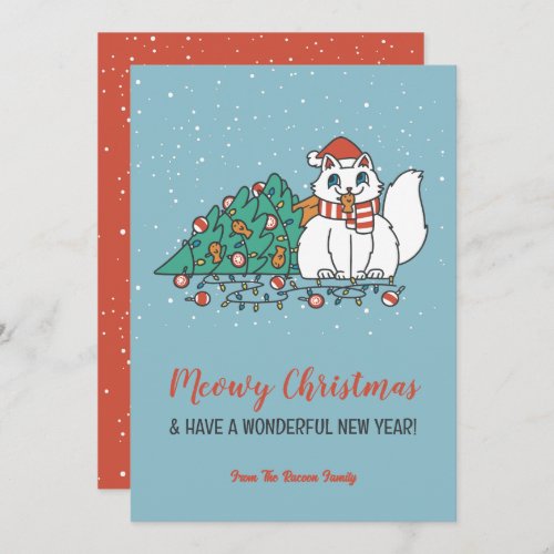 Cute Cat Santa Hat Snowy Winter Meowy Christmas Holiday Card