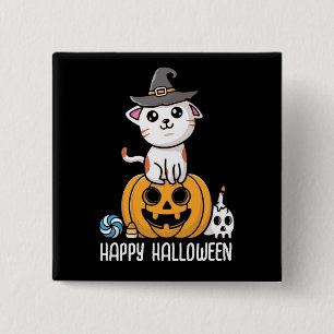 Cute Cat Sat on Pumpkin Halloween Button