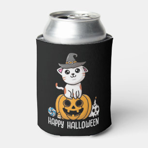 Cute Cat Sat on Pumpkin Halloween Can Cooler