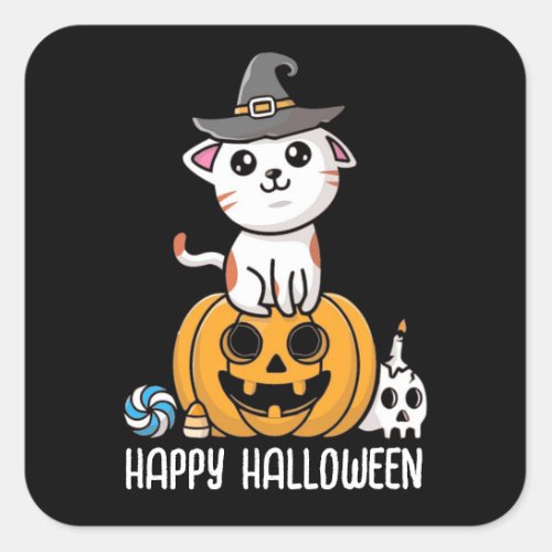 Cute Cat Sat on Pumpkin Halloween Square Sticker