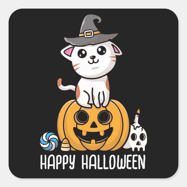 Cute Cat Sat on Pumpkin Halloween Square Sticker (Front)