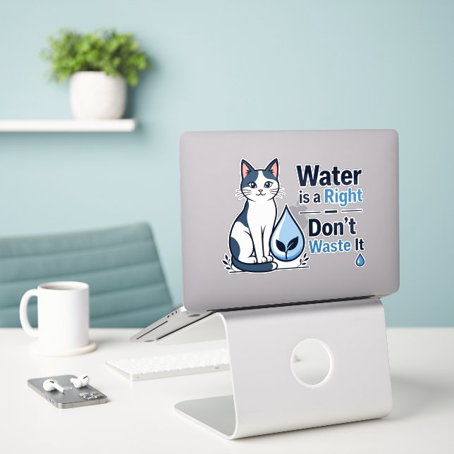 Cute Cat Save Water Eco Friendly Vinyl  Sticker (Laptop On Desk)