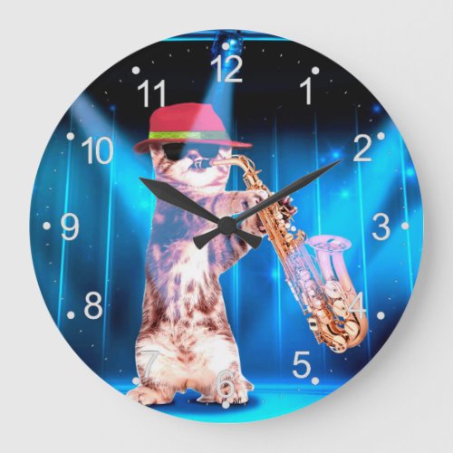 Cute Cat Saxophonist Large Clock