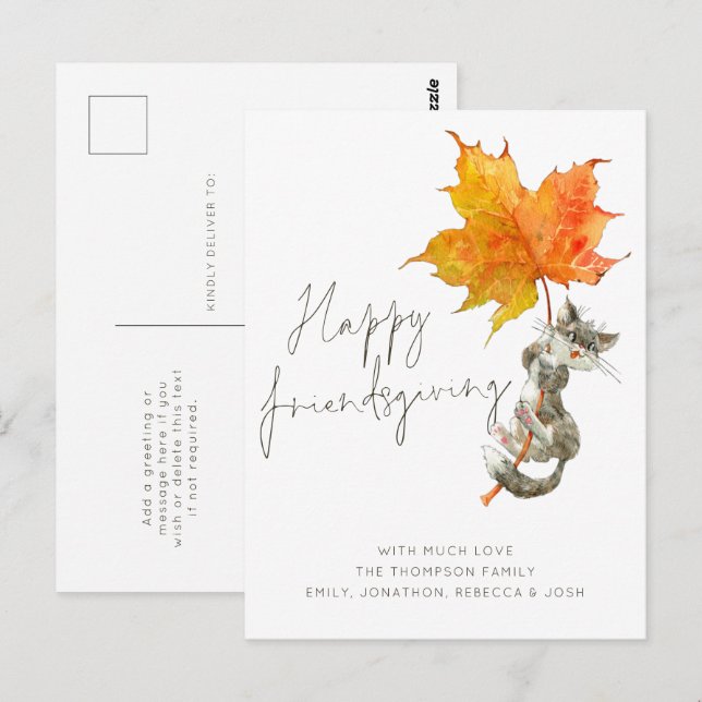 Cute Cat Script Happy Friendsgiving Thanksgiving Postcard (Front/Back)