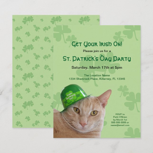 Cute Cat Shamrock Hat St. Patrick's Day Party Invitation (Front/Back)