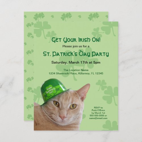 Cute Cat Shamrock Hat St Patricks Day Party Invitation