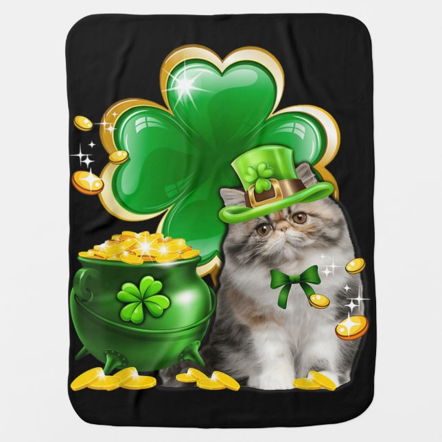 Cute Cat Shamrock Irish Saint St Patrick Day Baby Blanket (Front)