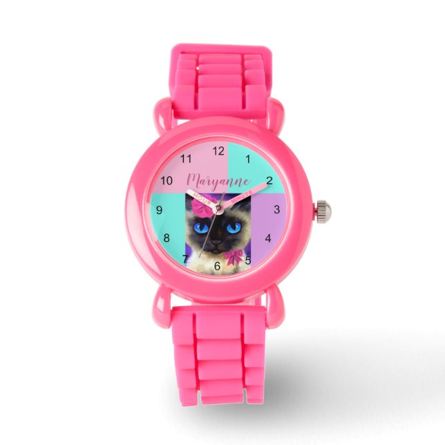 Cute Cat Siamese Pink Glitter Name Illustration Watch (Front)