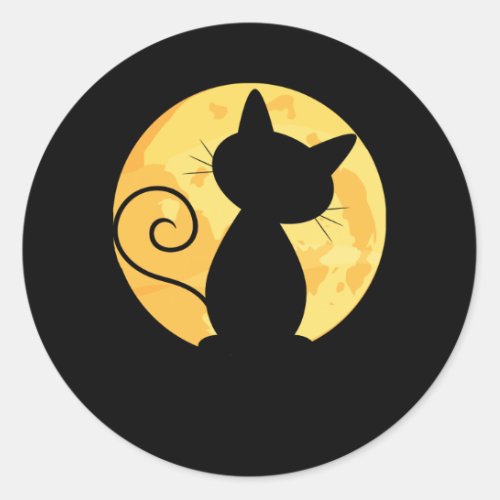 Cute Cat Silhouette Full Moon Halloween Funny Classic Round Sticker