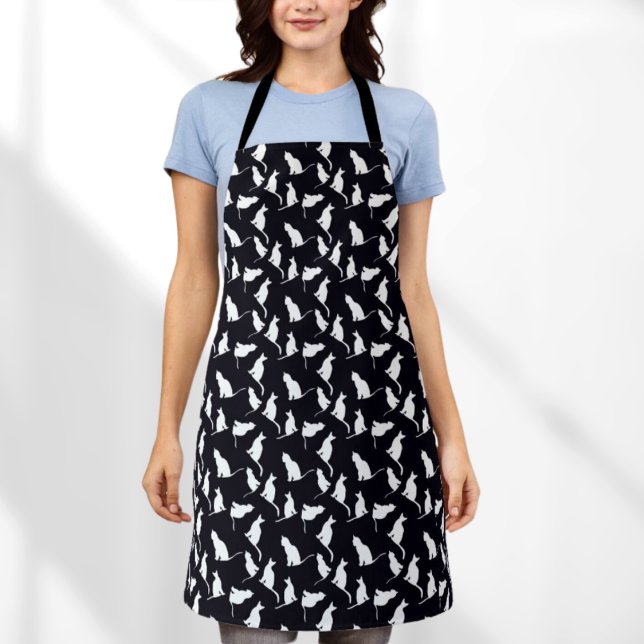 Cute Cat Silhouette Pattern Black and White Apron (Creator Uploaded)