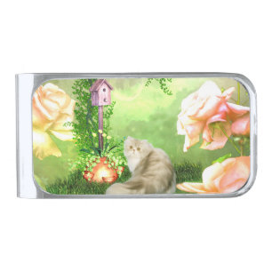 Cute cat silver finish money clip