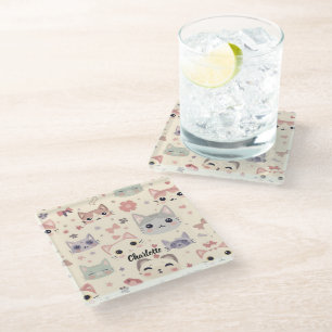 Cute Cat simple pet kitten Pattern Party Glass Coaster