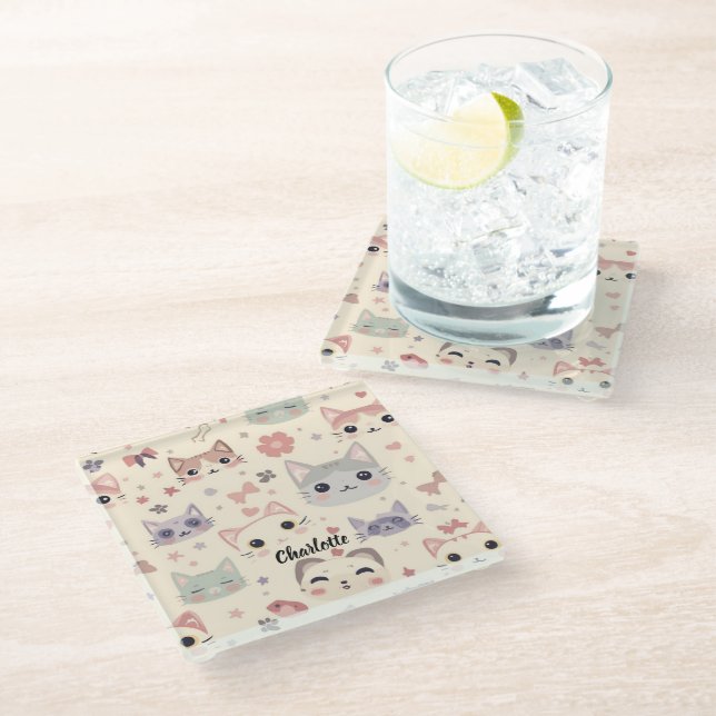 Cute Cat simple pet kitten Pattern Party Glass Coaster (Angled)