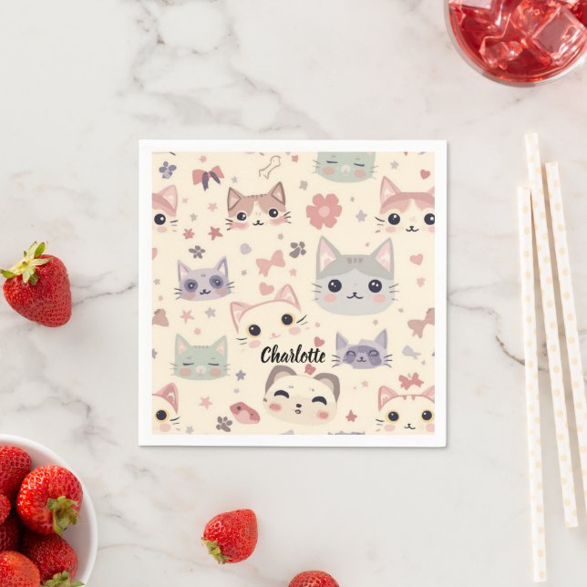 Cute Cat simple pet kitten Pattern Party Napkins (Insitu)