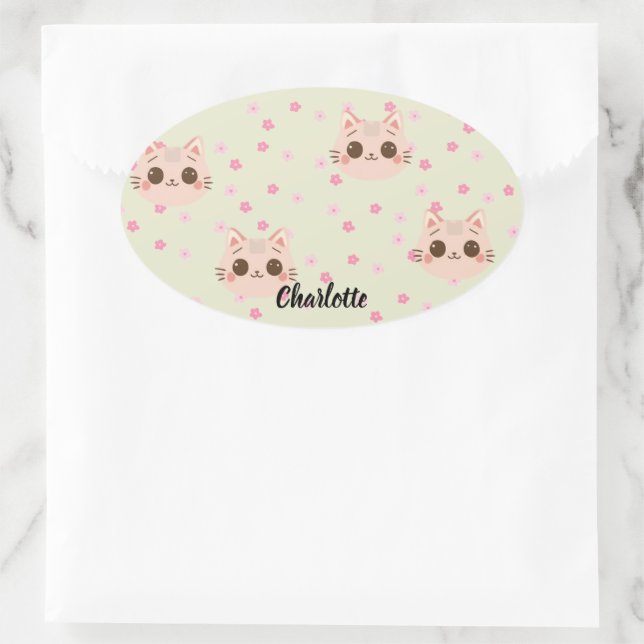 Cute Cat simple pet kitten Pattern Party Oval Sticker (Bag)