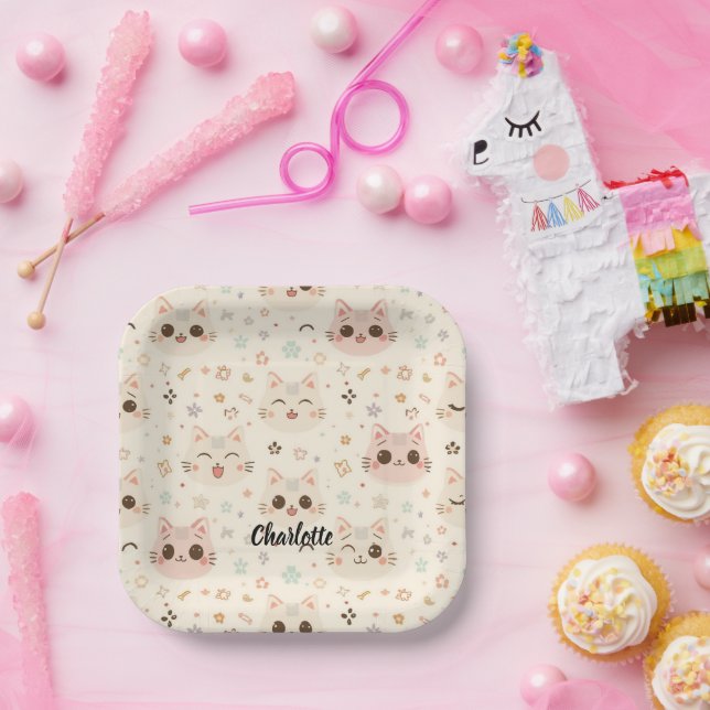 Cute Cat simple pet kitten Pattern Party Paper Plates (Party)